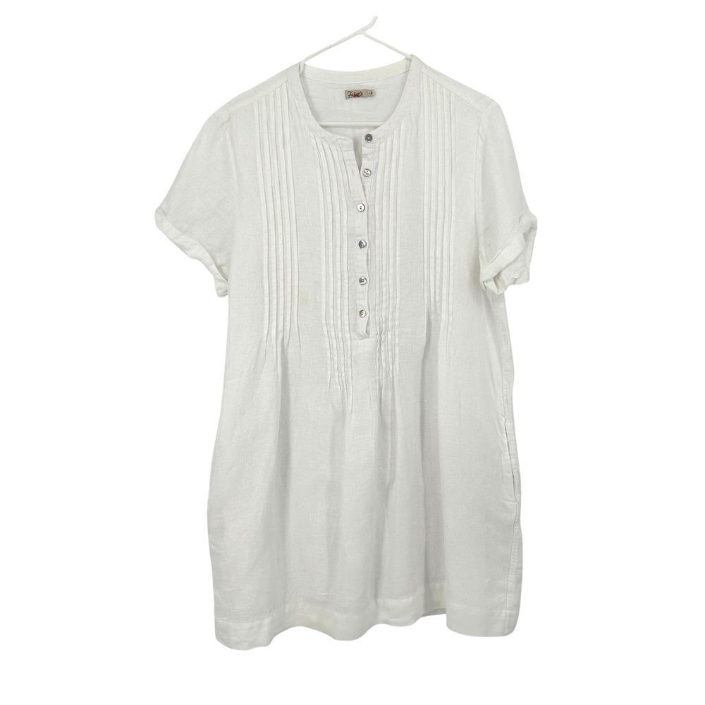 Faherty White Linen Pintuck Tunic Short Sleeve Button Front L Pockets